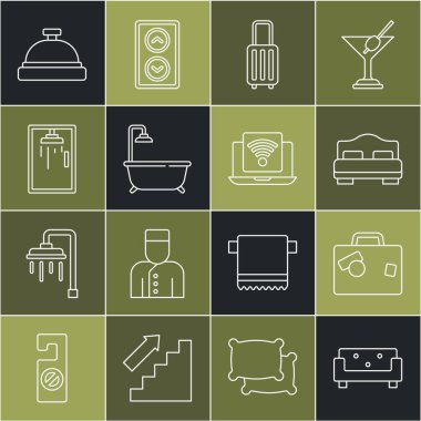 Kanepe Suitcase Otel odası banyo küveti duş kabini zili ve kablosuz dizüstü bilgisayar ikonu ile döşenmiş. Vektör.