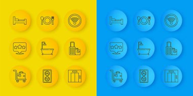 Bavul Beş Yıldız Reytingleri Banyo Lift Otel odasındaki kablosuz kablosuz, çatal ve bıçak ikonlu küveti inceleyin. Vektör.