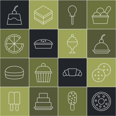 Donut Cookie ya da bisküvili cheesecake lolipop ev yapımı puding ve dondurma kasesi ikonu. Vektör.