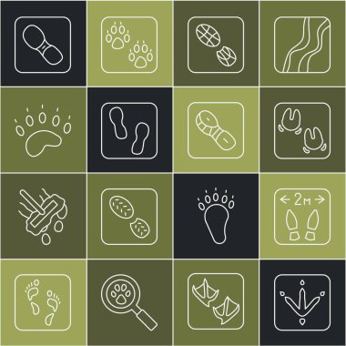 Tavuk patisi çizgisi güvenli mesafe yaban domuzu insan ayak izleri Bear ve ikon. Vektör.