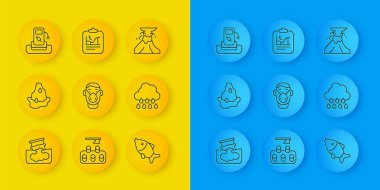 Varil yağı sızıntısı Buzul Eriyen Yüz koruyucu maskesi Yağmur benzini ya da benzin istasyonu volkan püskürtme lavı ve küresel ısınma ikonu ile Ölü Balık Bulutu. Vektör.