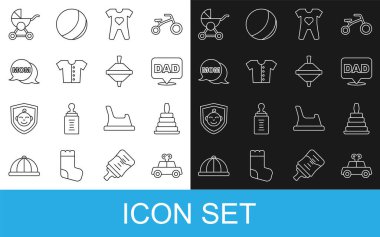 Oyuncak araba piramit oyuncağı konuşma balonu baba bebek kıyafetleri anne bebek arabası ve Whirligig ikonu. Vektör.