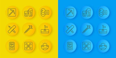 Sismograf Çizgisi Çapraz cetvel ve Kalem İnşaat Çekici Dünya ana yapı kabuğu Bayrak Kazma Varil yağı ve Jeolojik fay ikonu. Vektör.