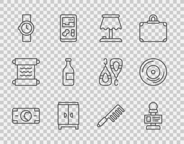 Hat Stacks kağıt para mikrofon masa lambası gardırop bileklik şişe şarap fırçası ve vinil disk ikonu. Vektör.