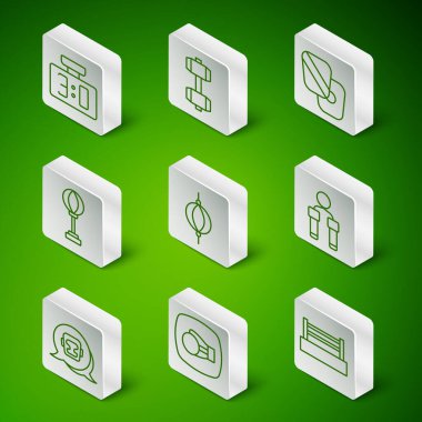 Çizgi boks yüzüğü eldiveni spor mekanik skorbord kum torbası Dumbbell kaskı ve atlama ipi ikonu. Vektör.