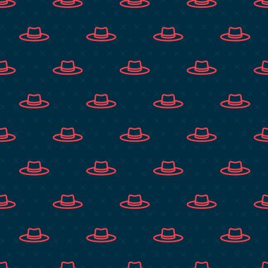 Kırmızı çizgi bahçıvanı, çiftçi ya da tarım işçisi şapka ikonu siyah arka planda izole edilmiş pürüzsüz desen. Vektör.