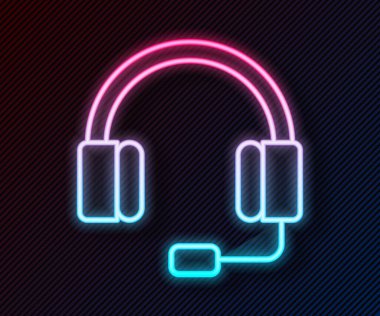 Parlayan neon hattı kulaklık simgesi siyah arkaplanda izole edildi. Kulaklıklar. Müzik, hizmet, iletişim ve operatör konsepti. Vektör.
