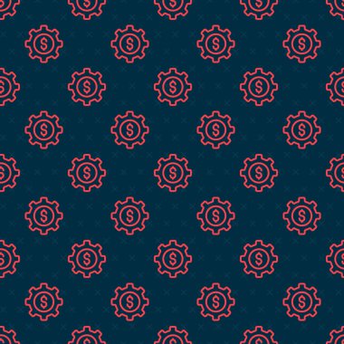 Dolar sembolü simgesi olan kırmızı çizgi dişlisi siyah arka planda izole edilmiş kusursuz desen. İş ve finans kavramsal ikonu. Vektör.