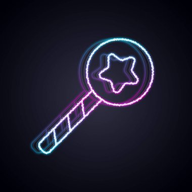 Parlayan neon hattı sihirli değnek simgesi siyah arkaplanda izole edildi. Yıldız şeklinde sihirli aksesuar. Sihirli güç. Vektör.