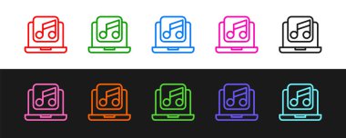 Siyah ve beyaz arkaplanda izole edilmiş ekran simgesi üzerinde müzik notası sembolü olan dizüstü bilgisayarı ayarla. Vektör.