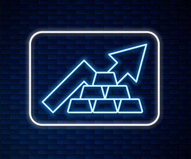 Parlayan neon çizgisi Finans büyüme grafiği oku ve tuğla duvar arka planında altın külçeleri simgesi izole edilmiş. Finansal başarı kavramı. Altın yatırım konsepti. Vektör.