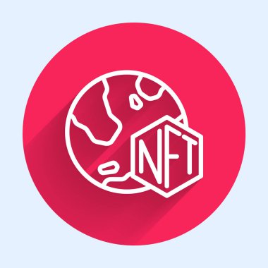 Beyaz çizgi NFT Dijital Şifreleme Sanatı simgesi uzun gölge arkaplanı ile izole edildi. Para iadesi olmayan jeton. Kırmızı daire düğmesi. Vektör.