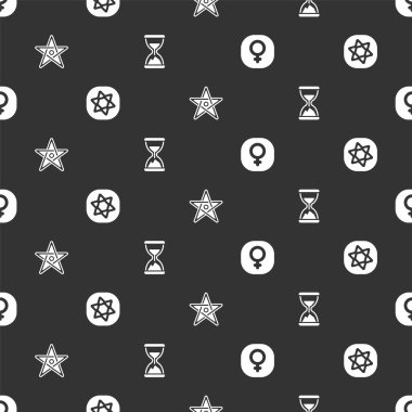 Venüs 'ü, Tarot kartlarını, pentagram' ı ve kumu pürüzsüz desenli eski kum saatlerini ayarlayın. Vektör.