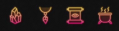 Eskiler 'in sihirli parşömeni, sihirli taş, kristal ve cadı kazanı ile kolye. Parlayan neon ikonu. Vektör.