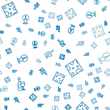 Cam peynirli şarap şişesi ve Eyfel kulesini pürüzsüz bir şablona ayarla. Vektör.