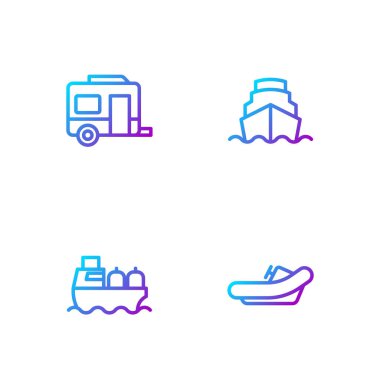 Rafting teknesi, petrol tankeri, karavan ve gemi. Renk simgeleri. Vektör.