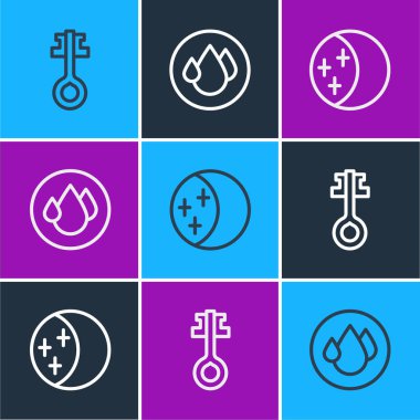 Çizgiyi ayarla Eski sihirli anahtar güneş tutulması ve su atma ikonu. Vektör.