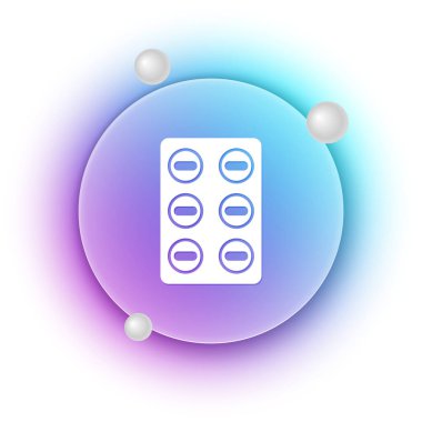 Beyaz arka planda izole edilmiş su toplayan beyaz haplar. İlaç paketi. Tablet, vitamin, antibiyotik, aspirin. Mavi ve mor eğimli çember arkaplan. Vektör.