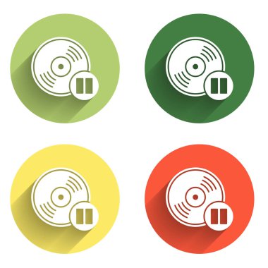 Vinil disk simgesini uzun gölge arkaplanı ile izole et. Renkli daire düğmesi. Vektör.