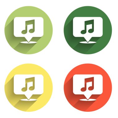 Konuşma baloncuğu simgesinde uzun gölge arkaplanı ile izole edilmiş müzikal notayı ayarla. Müzik ve ses konsepti. Renkli daire düğmesi. Vektör.