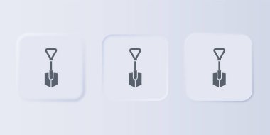 Gri arkaplanda gri kürek simgesi izole edildi. Bahçe aletleri. Bahçecilik, tarım, çiftçilik aleti. Kare düğmelere simgeleri yerleştir. Vektör.