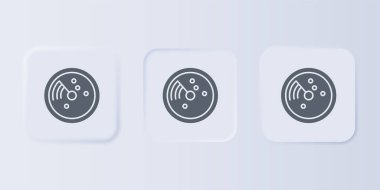 Gri arkaplanda izole edilmiş ikonu ararken hedefleri ekranda olan gri Radar. Arama sistemi. Donanma sonarı. Kare düğmelere simgeleri yerleştir. Vektör.