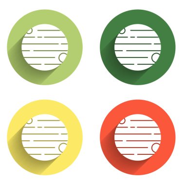 Gezegen simgesini uzun gölge arkaplanı ile izole et. Renkli daire düğmesi. Vektör.