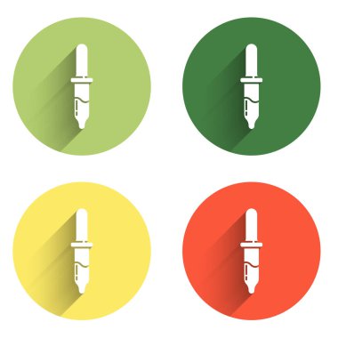Pipette simgesini uzun gölge arkaplanı ile izole et. Tıbbi, kozmetik, kimya laboratuvarı ekipmanları. Renkli daire düğmesi. Vektör.