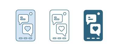 Kalp emojisi konuşma baloncuklu mavi akıllı telefon beyaz arkaplanda izole edilmiş ekran simgesine mesaj gönder. Sevgililer Günü. Vektör.
