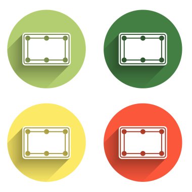 Bilardo masası simgesini uzun gölge arkaplanı ile izole et. Bilardo masası. Renkli daire düğmesi. Vektör.