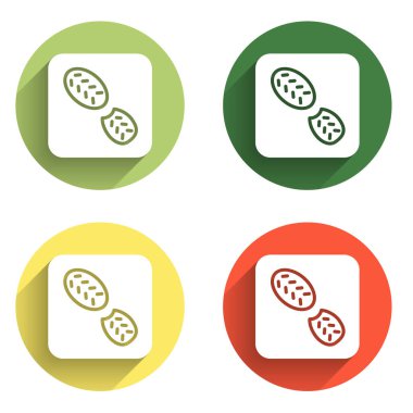 İnsan ayak izi ayakkabı simgesini uzun gölge arkaplanı ile izole et. Ayakkabı tabanı. Renkli daire düğmesi. Vektör.