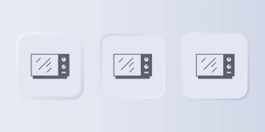 Gri arkaplanda gri mikrodalga fırın ikonu var. Ev aletleri simgesi. Kare düğmelere simgeleri yerleştir. Vektör.