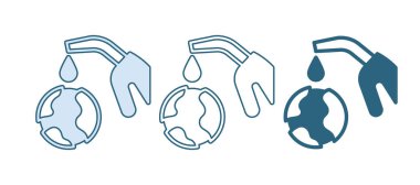 Mavi yakıt hortumu beyaz zemin üzerinde izole edilmiş Dünya ikonundan yağ ya da benzin pompalıyor. Ekolojik kavram. Vektör.