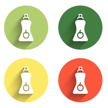 Sos şişesi simgesini uzun gölge arkaplanı ile izole et. Ketçap, hardal ve fast food için soslu mayonez şişeleri. Renkli daire düğmesi. Vektör.