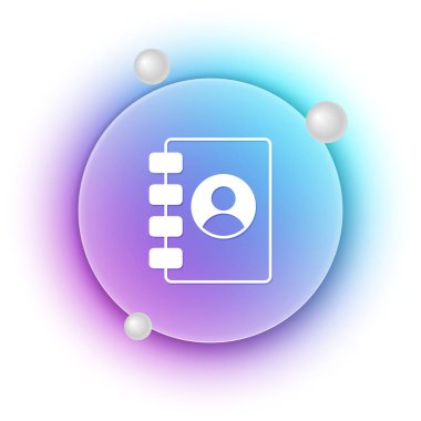 Beyaz arkaplanda izole edilmiş beyaz adres defteri simgesi. Not defteri, adres, bağlantı, rehber, telefon, telefon rehberi simgesi. Mavi ve mor eğimli çember arkaplan. Vektör.