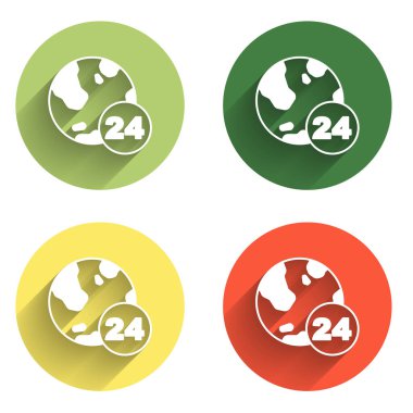 Telefon 24 saat destek simgesini uzun gölge arkaplanlı olarak ayarla. Tüm gün müşteri destek merkezi. Tam zamanlı çağrı servisi. Renkli daire düğmesi. Vektör.