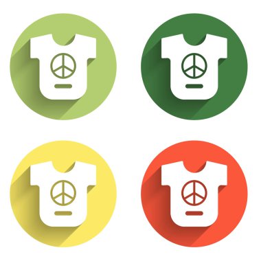 Barış simgesini uzun gölgeli izole et. Hippi barış sembolü. Renkli daire düğmesi. Vektör.