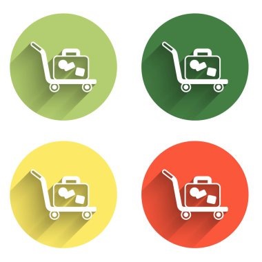 Tramvay bavul simgesini uzun gölge arkaplanı ile izole et. Seyahat bagaj tabelası. Seyahat bagaj ikonu. Renkli daire düğmesi. Vektör.