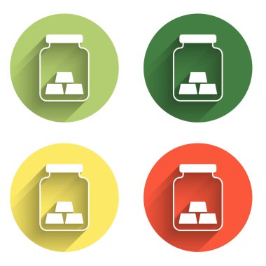 Altın çubuk simgesini uzun gölge arkaplanı ile izole et. Bankacılık işi konsepti. Renkli daire düğmesi. Vektör.