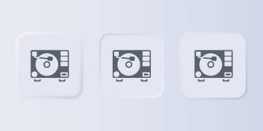 Gri arka planda izole edilmiş vinil disk ikonu olan gri Vinil oynatıcı. Kare düğmelere simgeleri yerleştir. Vektör.