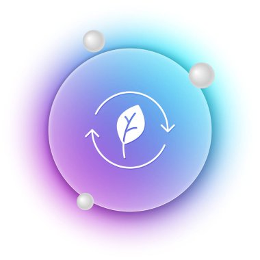 Beyaz arkaplanda yaprak simgesi olan beyaz geri dönüşüm sembolü. Dairesel ok simgesi. Çevre geri dönüşümü yeşile döner. Mavi ve mor eğimli çember arkaplan. Vektör.