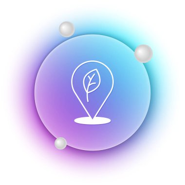 Beyaz arkaplanda yaprak simgesi olan beyaz konum. Çevre enerjisi kavramı. Alternatif enerji kavramı. Mavi ve mor eğimli çember arkaplan. Vektör.