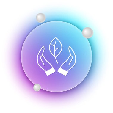 Beyaz El, beyaz arka planda izole edilmiş bitki simgesinin bir yaprağını tutuyor. Doğayı koru. Yaprak, çevre korumasıyla çekiliyor. Mavi ve mor eğimli çember arkaplan. Vektör.