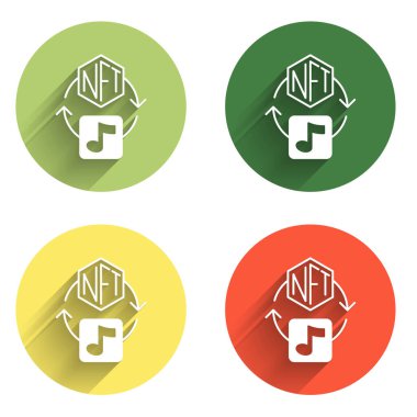 NFT Dijital Şifreleme Sanatı simgesini uzun gölge arkaplanı ile izole et. Para iadesi olmayan jeton. Renkli daire düğmesi. Vektör.