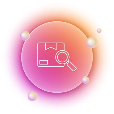 Beyaz arama paket simgesi beyaz arkaplanda izole edildi. Paket takibi. Büyüteç ve karton kutu. Lojistik ve teslimat. Turuncu ve pembe eğimli çember arka planı. Vektör.