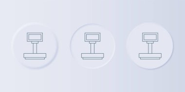 Gri ölçekli simge gri arkaplanda izole edildi. Lojistik ve teslimat. Dağıtım paketinin ağırlığı bir ölçekte. Kare düğmelere simgeleri yerleştir. Vektör.