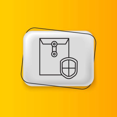 Sarı arka planda izole edilmiş siyah zarflı kalkan simgesi. Sigorta konsepti. Güvenlik, güvenlik, koruma, konsept koruma. Gümüş dikdörtgen düğme. Vektör.