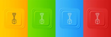 Renkli arkaplanda beyaz kürek simgesi izole edildi. Bahçe aletleri. Bahçecilik, tarım, çiftçilik aleti. Kare düğmelere simgeleri yerleştir. Vektör.