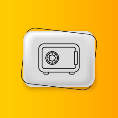 Sarı arkaplanda siyah kasa simgesi izole edildi. Kapı, şifreli bir banka kasası. Güvenilir Veri Koruma. Gümüş dikdörtgen düğme. Vektör.