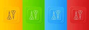 Beyaz Dart ok simgesi renkli arkaplanda izole edildi. Kare düğmelere simgeleri yerleştir. Vektör.